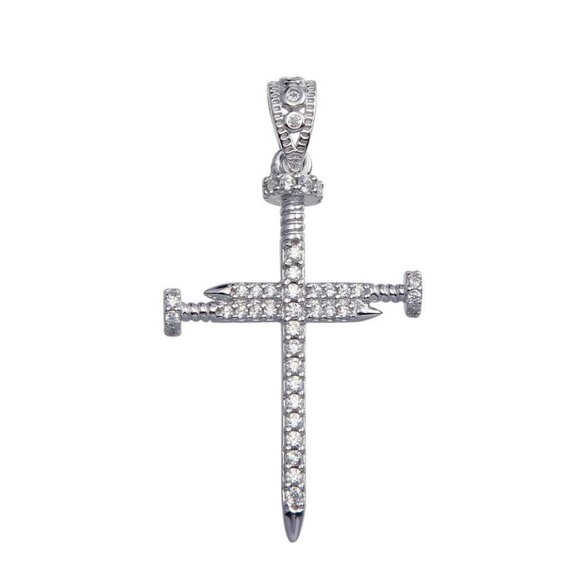 925 Sterling Silver Jewelry - Sterling Silver 925 Rhodium Plated Nail Cross Moissanite Pendant